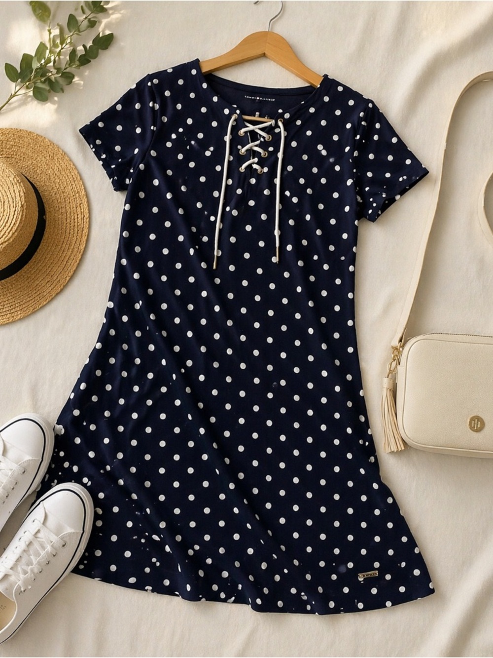 Tommy Hilfiger Polka Dot Dress Navy White Lace Up Neck Short Sleeve Size M